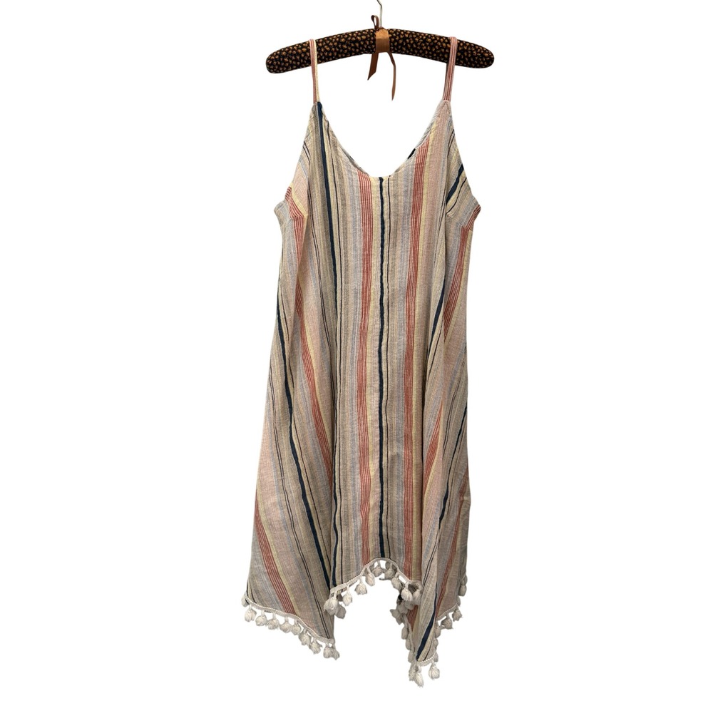 Mlle Gabrielle Multi Color Striped Handkerchief Hem Tassel Dress XL Boho Cotton